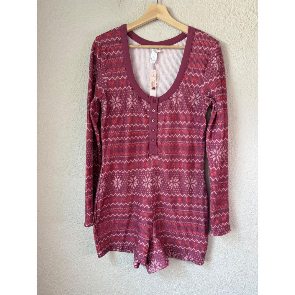 NWT Adore Me Dawn Burgundy Fair Isle Thermal Waffle Knit Henley Romper‎ Pajamas